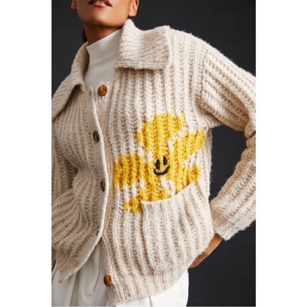 ANTHROPOLOGIE Pilcro Flower Cardigan Sweater Cheerful Smile Flower size xs